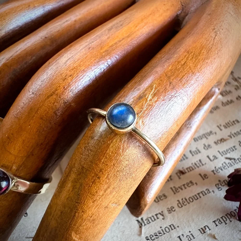 Set of 4 Solid Brass Moonstone Crystal Gemstone Solitaire Rings